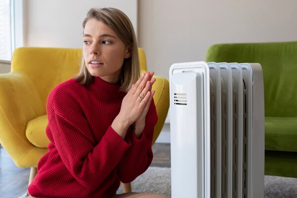 Žena v červenom svetri sa zohrieva pri elektrickom ohrievači v obývacej izbe.